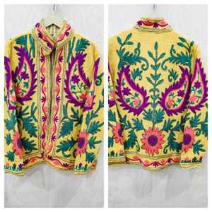 Sujani Khadi Cotton <b>Jacket</b> Double-Breasted Satin Outerwear Fringed <b>Sequins</b> Patchwork Decorations Custom Linen for Spring Fall - Product Image 1