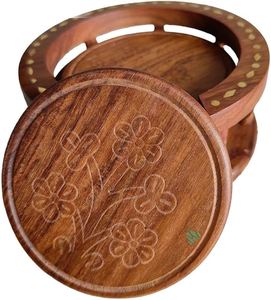 Juego de posavasos de madera hechos a mano para regalo y Decoración de mesa Juego de posavasos de madera con trabajo artístico con incrustaciones de flores y hojas - Product Image 1
