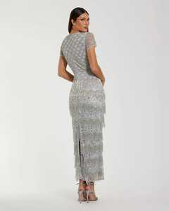 Robe de soirée maxi à sequins brodés à volants, manches courtes, col bateau, perles, silhouette droite, crêpe, taille naturelle, fête - Product Image 5