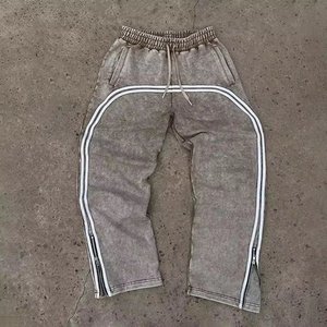 Black and Grey Fleece Jogger <b>Pants</b> with <b>White</b> Lined Flared Sweatpants for <b>Men</b> Leg Opening Zipper Custom Logo Accepted - Product Image 2
