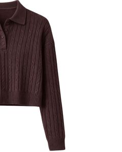Pull en maille torsadée à col polo pour femme, personnalisé, marron foncé, coupe courte, manches longues, ourlet côtelé, patte de boutonnage, décontracté, pull d'hiver - Product Image 4