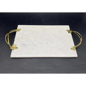Plateau décoratif en marbre noir de qualité supérieure plateau de service rectangulaire en forme de feuille d'or pour les mariages décor à la maison poignées en métal - Product Image 6