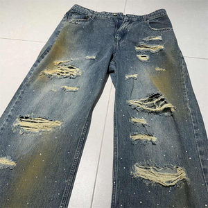 Venta al por mayor French Terry Sweatpants Hombres Sun Faded Acid Washed Vintage Rhinestone Jean hombres Pantalones rectos curvos a rayas - Product Image 3
