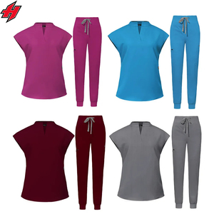Mode féminine col en v infirmière médecin uniforme gommages ensembles Logo personnalisé vente en gros survêtement costume tricoté tissu - Product Image 1