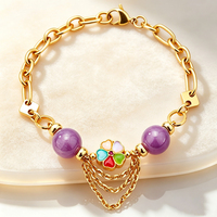 Bracelet de mode en améthyste naturelle, perles porte-bonheur faites à la main, plaqué or 18 carats, style bohème, en acier inoxydable et cuivre