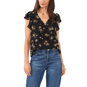 Top in chiffon scollo a V con maniche a volant, stampa floreale stile coreano, taglia unica, vestibilità ampia, per ufficio, formale, vintage, da giardino, taglia XS - Product Image 1