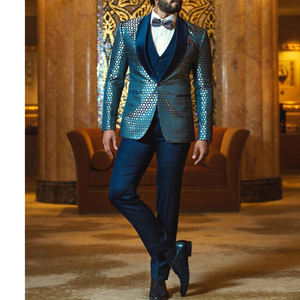 2024 última venta caliente hombres 3 piezas esmoquin traje de boda bordado azul cuello mandarín doble botonadura traje de pana a rayas - Product Image 6