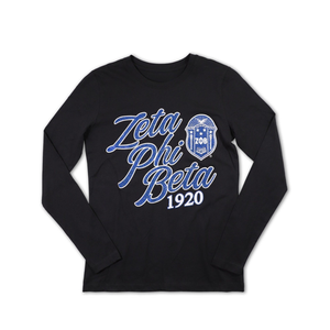 Zeta Phi Beta 1920 Script Logo Camiseta Bordado de manga larga de algodón negro Ropa de vida griega Ropa de hermandad personalizada - Product Image 1
