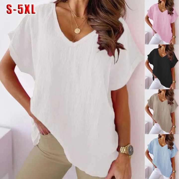 Women's Summer White Performance Cotton V-Neck T-Shirt Solid Color Short Sleeve Light Loose Fit Long Length Printed Pattern