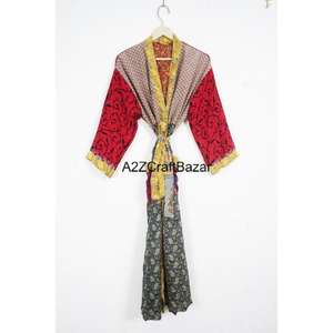 Kimono Sari Largo de Lujo Hecho a Mano, 100% Seda, Transpirable, Suave, Vintage, con Parches, para Damas de Honor, Talla Única, Ropa de Dormir, Otoño - Product Image 1