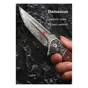 Couteau de poche pliant de chasse manche en bois de santale rouge pour l'extérieur Couteau à lame fixe en acier damas avec gravure - Product Image 2