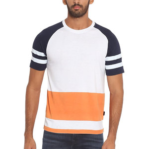 Camiseta de Manga Raglán con Bloques de Color para Hombre, Blanca, Azul Marino y Naranja, Corte Regular, Informal, de Algodón Jersey, Cuello Redondo - Product Image 1