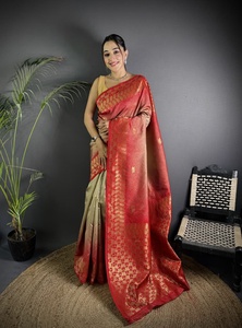 Saree de seda Banarasi puro con atractivo contraste sombreado Color Gold Zari Weaving y Pallu para adultos Colección étnica - Product Image 3