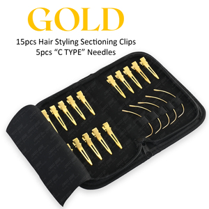 Nuevo kit de herramientas para extensiones de cabello con 20 pinzas para seccionar el cabello y 5 agujas para tejer el cabello C con logotipo personalizado-Color dorado - Product Image 2