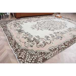 6.5x9.5 ft Vintage Rug, Turkish Rug, <b>Brown</b> Floral <b>Wool</b> Rug - Product Image 1