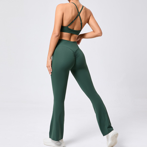 Women Stretchy Soft Quick Dry Twist Adjustable Scrunch Back Flare Pants and Bra Set - Product Image 3