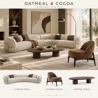 Ensemble de meubles modernes pour toute la maison en bois d'avoine et cacao : canapé courbé, table à manger, chaises et lit rembourré