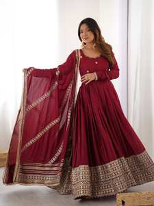 Ensemble de robe Anarkali en brocart royal marron avec dupatta pour mariage, tenue de soirée et occasions festives - Product Image 6