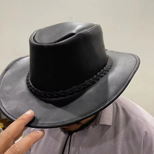 หมวกคาวบอยหนังสีดำสำหรับผู้ชาย ขายส่ง หมวกปีกกว้างสไตล์ตะวันตกสำหรับขี่ม้า - Product Image 1