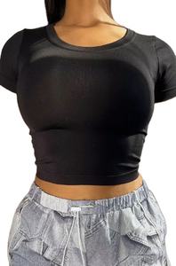 Crop Top Boxy Camisetas para mujer Medias mangas con cuello redondo Diseño Color sólido 100% Algodón Hecho Verano Cuello redondo Camisetas orgánicas - Product Image 6