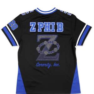 ZPB Football Jersey - <b>Black</b> & Royal Blue | 100% Polyester Zeta Phi Beta Jersey with Embroidered Logos & Shield | V-Neck - Product Image 4