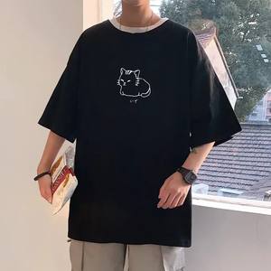 T-shirt d'été décontracté à la mode pour hommes T-shirt à manches courtes à col ample en pur coton de couleur unie robuste en gros - Product Image 1