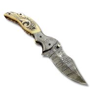 Couteau de poche pliant fait main en acier damas pour hommes avec poignée en os Support OEM personnalisable pour la chasse au camping EDC