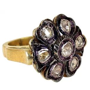 Anillo de Diamantes con Flor Chapado en Oro Sólido de 18K Estilo Vintage para Mujer, Corte Rosa, Color G Natural, Joyería de Compromiso - Product Image 3