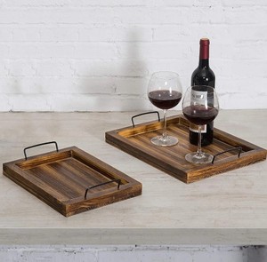 Indian Home Crafts Eco-Friendly Rustic Wooden <b>Serving</b> <b>Trays</b> Sets Pine Wood <b>Serving</b> <b>Tray</b> <b>Black</b> Metal Handles WT-100 Hotels - Product Image 4