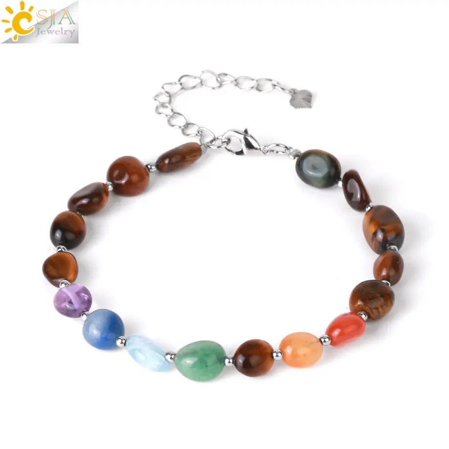 Csja Groothandel Roestvrij Staal Energie Natuurlijke Kristal Genezing 7 Chakra Fluoriet Onregelmatige Tuimelde Kraal Edelsteen Armband H136