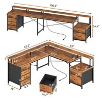 Escritorio de Computadora en Forma de L OEM con 6 Cajones, Toma de Corriente, Escritorio Esquinero con Estante para Monitor y Archivador para Oficina en Casa
