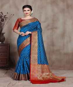 Banarasi soie Jacquard Saree avec chemisier femmes portent des dames fête Festival tenue quotidienne doux coton soie Sari en gros bas prix ApparelGarment - Product Image 1