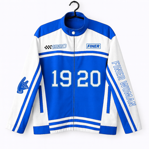 เสื้อแจ็คเก็ตวาร์ซิตี้ผ้าฝ้ายทวิลล์ระบายอากาศได้ดีสำหรับผู้หญิง Zeta Phi Beta แบบสั่งทำพิเศษ พร้อมโลโก้ปักซิปคุณภาพสูง - Product Image 1