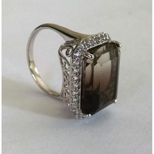 Shah Gems Women's <b>925</b> Sterling <b>Silver</b> Solitaire <b>Ring</b> Natural Smoky Quartz White Topaz Emerald Cut Rhodium Plating Everyday Wear - Product Image 1