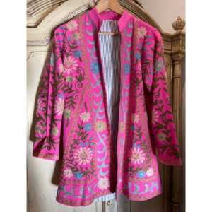 Abrigo de Invierno Reversible Suzani Tribal para Mujer, Color Rosa Paloma, Acolchado con Patrón Floral, Talla XL, Chaqueta Larga de Primavera/Invierno, Estilo Boho, Cuero y Algodón - Product Image 1
