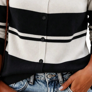 Women Striped Knit <b>Cardigan</b> <b>Sweater</b> Long Sleeve Button Front Round Neck Casual Fashion Top For Daily Office And Elegant Wear - Product Image 5