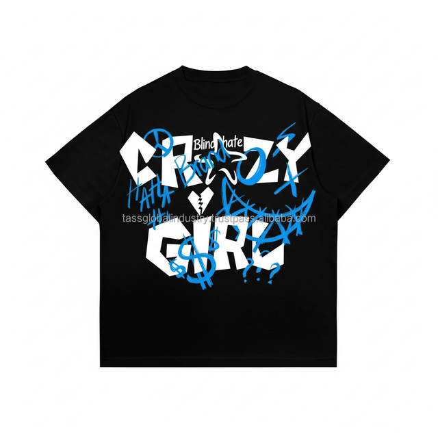 CRAZY GIRL Graphic Tee Blue Graffiti Art Black Oversized 280g Heavyweight Satin Streetwear 100% Cotton Shirt Custom Logo OEM