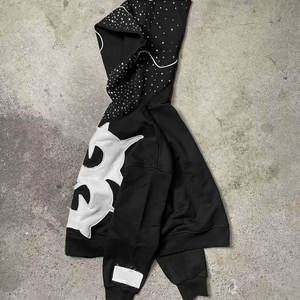 Pull personnalisé surdimensionné en détresse brodé Applique Patch travail sweats à capuche broderie coupe incurvée ourlet brut sweat à capuche recadrée hommes - Product Image 2