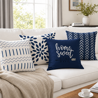 Funda de Almohada Decorativa Azul Marino con Diseño Geométrico, Funda de Cojín de Poliéster Suave con Patrón de Hojas Boho para Cama