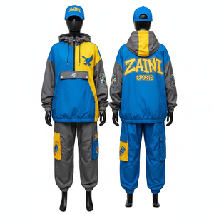 Ensemble coupe-vent pour femmes en polyester de qualité supérieure, blocs de couleur bleu, jaune, gris, avec logo personnalisé brodé, coupe-vent grande taille - Product Image 1