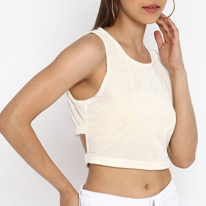 Women's <b>White</b> <b>Crop</b> <b>Top</b> O-Neck Sleeveless Knitted Solid Color Regular Fit Lace Decoration Breathable Spring Summer Casual - Product Image 3