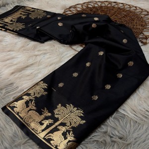 Sari de Seda Mysore VASTRA COTTAGE con Pallu Dorado, Motivo de Ciervo, Borde Zari y Trabajo Elegante, Prenda Tradicional de Lujo - Product Image 5