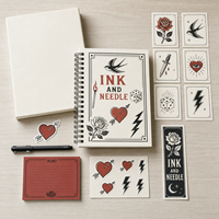 Carnet de croquis LABON personnalisé A5 à spirale, motif tatouage encre et aiguille, vintage rouge noir, motif hirondelle, rose, dés, cœur, éclair