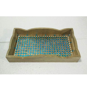 Meilleur design avec morceaux de miroir Bois de manguier avec intérieur émail imprimé plateau de service alimentaire en gros d'Inde - Product Image 1