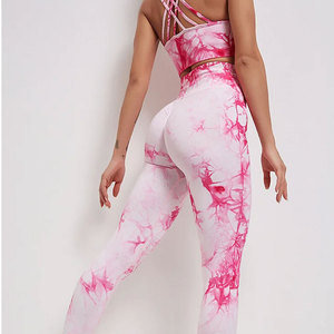 <b>Pink</b> Tie Dye Yoga Set Womens 2 Piece High Waist Leggings <b>Crop</b> <b>Top</b> Racerback Scoop Neck Breathable Spandex Polyester Workout Wear - Product Image 4