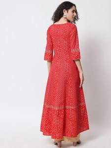 High Quality Top Selling Women Red Floral Printed Mandarin Collar Long Sleeve Maxi Kurta Latest Casual Wedding Party Rayon <b>Kurti</b> - Product Image 3