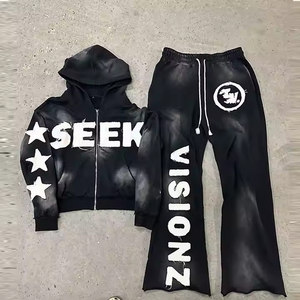 Custom Acid Wash Sun Faded Flared Jogger Track Suit Zip Hoodie Sweatpants Set Men Oversized Embroidered Sun Faded Sweatsuits - Product Image 1