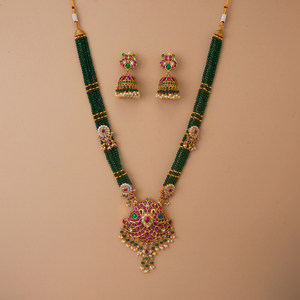 Romantic Antique Matte Gold Plated Long Pendant <b>Set</b> with Pearls Fashion <b>Jewellery</b> <b>Indian</b> Wholesalers - Product Image 2