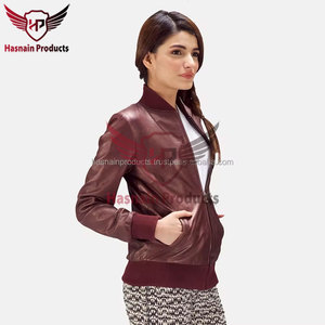Blouson Bomber en Cuir Véritable Marron pour Femme, Col en Tricot Côtelé, Fermeture Éclair Avant, Coupe Ajustée, Manteau Personnalisé Chaud d'Hiver, Vêtement d'Extérieur - Product Image 3