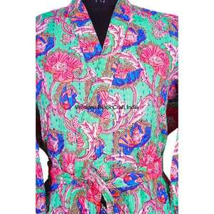 Robe kimono longue vintage en coton biologique 100% matelassée Kantha, fabriquée à la main en Inde, pour les festivals, le printemps, écologique, réversible, vêtements de nuit - Product Image 5